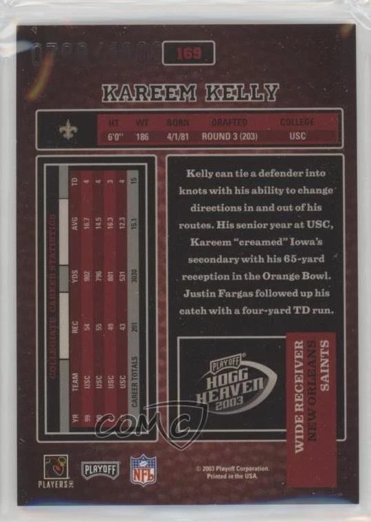 2003 Playoff Hogg Heaven Rookie /1000 Kareem Kelly #169 Rookie RC - Image 2 of 2