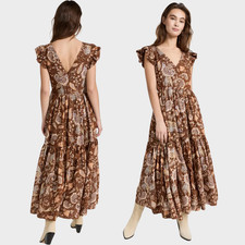 En Saison Leila Paisley Tiered Midi Dress Flutter Sleeve Brown