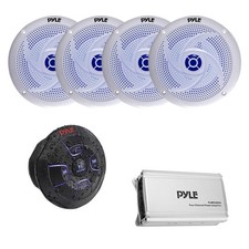 Pyle Marine Wireless Receiver, Amp, 4x 8'' Blue Flash LED Boat White Speakers