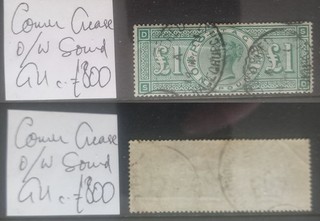 GB QV 1891 £1 green SG212 GU corner crease c£800 SD Q13