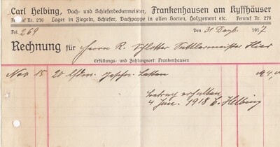 FRANKENHAUSEN, Rechnung 1917, Carl Helbing Dach-Schieferdeckermeister Ziegel