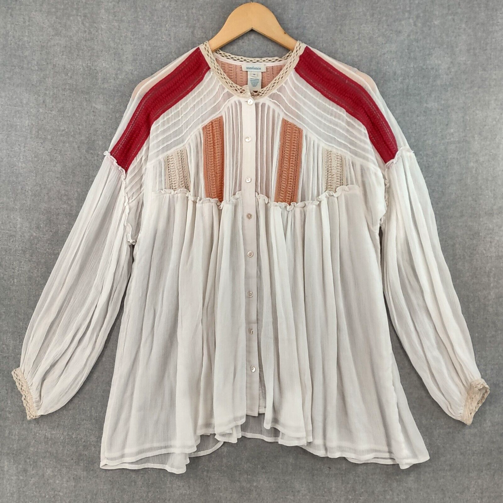 Sundance Top Womens Medium Oversize Bohemian Artist Crinkle Gauze Ruffle Button