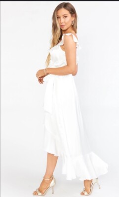 Show Me Your MuMu Samantha Ruffle Wrap Dress Ivory Luxe Satin Gown