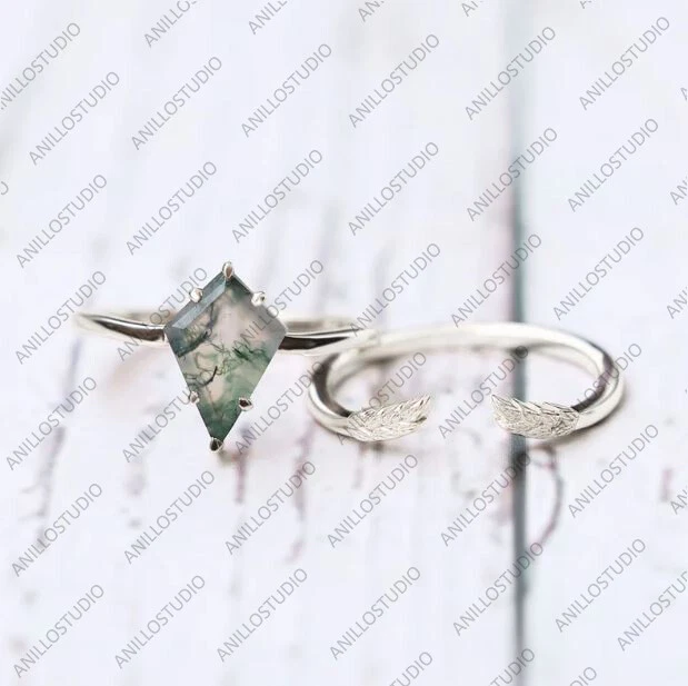  Воздушный змей 12x7 мм мох агат с короной комплект обручальное кольцо в 925 пробы - Изображение 4 из 4