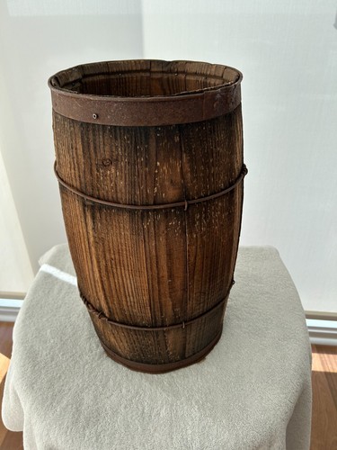 Vintage Antique Wood Barrel / Nail Keg / Cask with Wire Straps - 10" x 18" Tall
