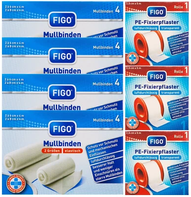 Figo Verbands Set 19 tlg. Mullbinden Mull Bandage Fixier Binde Rollen Pflaster