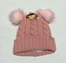 Winter Warm Knitted Soft Faux Fur Double Pom Beanie Hat with Plush Lining Pink C
