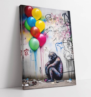 GRAFFITI AFFE MIT BALLONS BANKSY - TIEF GERAHMTES LEINWANDBILD WANDBILD BILD DRUCK