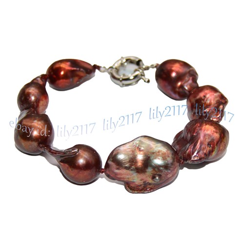 HUGE 15x22mm REAL BROWN RED SOUTH SEA REBORN BAROQUE PEARL BRACELET 7.5 INCHES - Picture 4 of 7