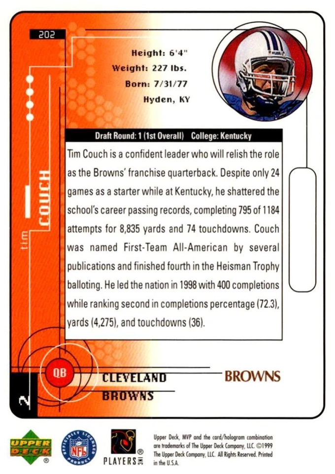 1999 Upper Deck MVP Tim Couch Rookie Cleveland Browns #202 - Image 2 of 2