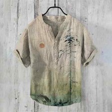 Artistic Japanese Style Men's short sleeve linen shirt