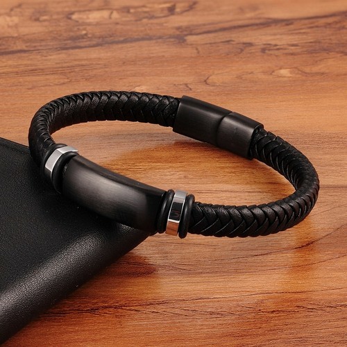 Bracelet homme femme en acier inoxydable et cuir noir 23/21/19 cm - Photo 2/3