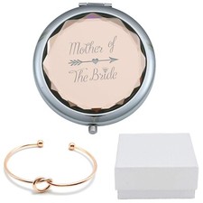 Mother of The Bride Champagne Compact Pocket Makeup Mirror with Rose Gold Kno...