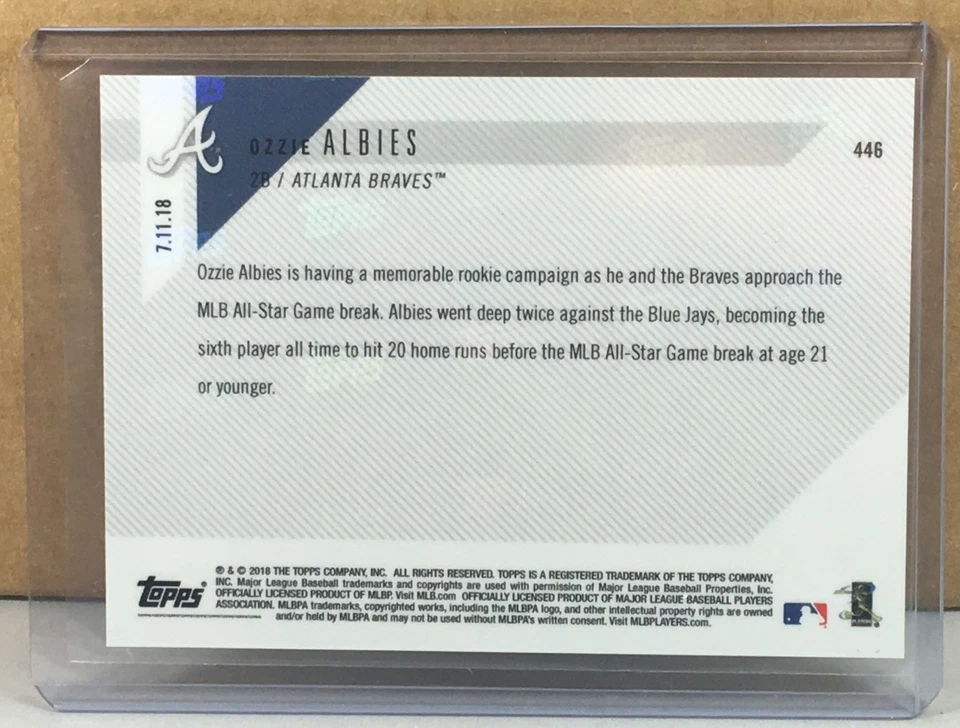 2018 TOPPS NOW #446 OZZIE ALBIES BRAVES ROOKIE AGE 21 20 HRs BY MLB ASG BREAK - Image 2 of 2