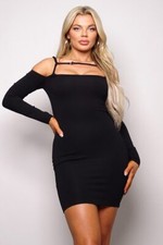 Womens Long Sleeve Cold Shoulder Bodycon Mini Dress Stretchy Body Sculpting Fit