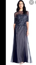 New Adrianna Papell Sequined Bodice Mesh Formal Dress Gown Navy Sz 4 Elbow Sleev