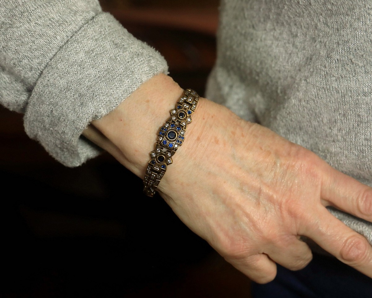 Bracelet Art Déco Floral Avec CZ Bleu – Style Années 1920 – Doré Antique Pour Mariage Ou Soirée