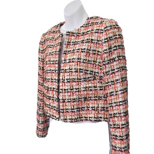 Linton L.K. Bennett London Womens Jacket Tweed Pink Beige Black Plaid Hook Front - Picture 2 of 12