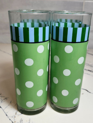 4 GAIL PITTMAN Provence Tom Collins Highball Glasses Green Polka Dot & Stripe
