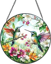 Suncatcher Stained Glass Window Hanging Hummingbird Glass Panel W/ Metal Chain