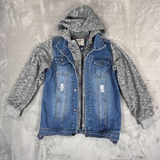 Mocam Trucker Jacket Boys 150 Blue Denim Elbow Patch Distressed Hooded Full Zip