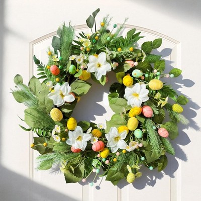 24 Inch Easter Wreath for Front Door Easter Egg Decorations Spring FlowerWrea