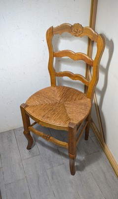 Vintage Rustic French Country Carved Wood Woven Rush Seat Dining