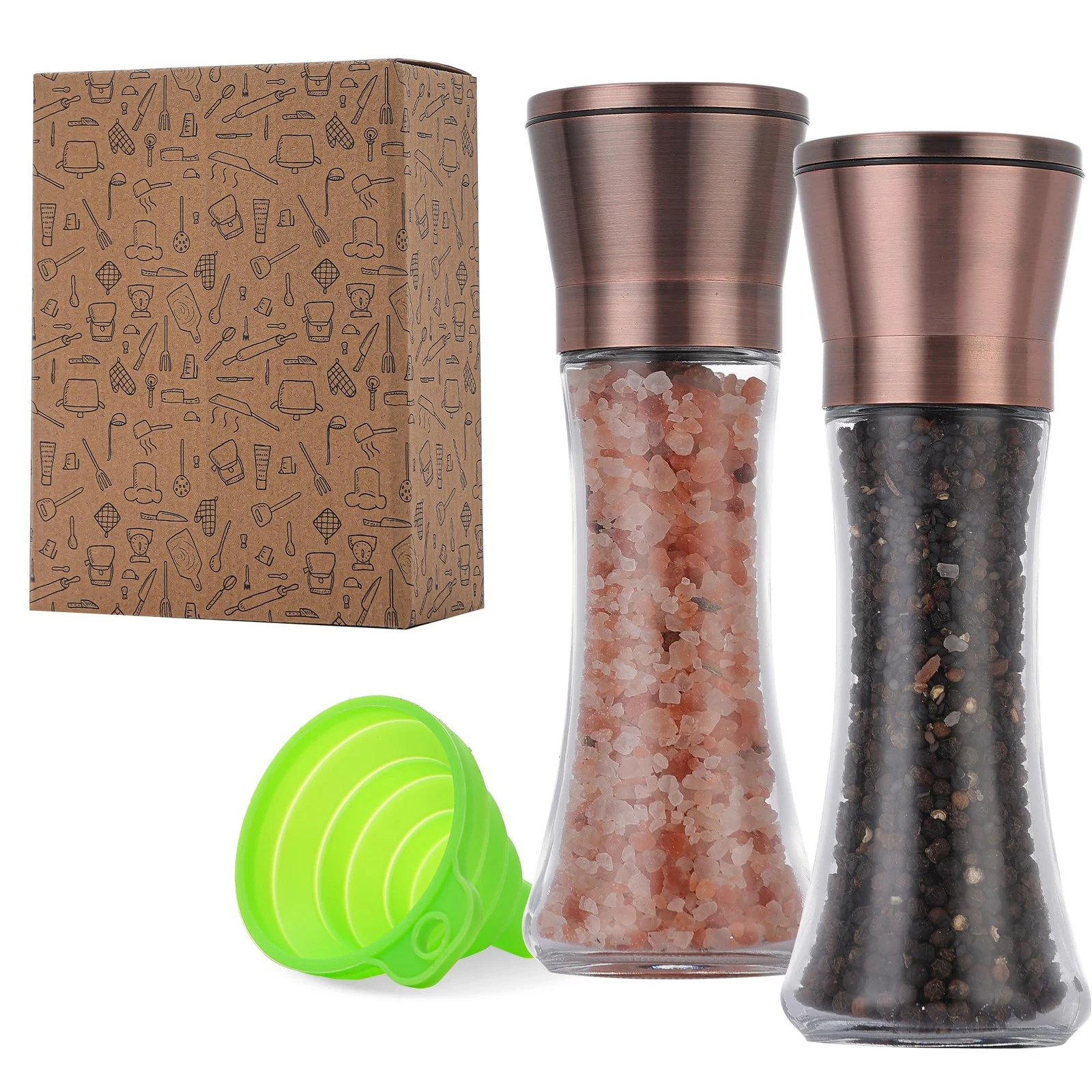 2Pack Copper Salt and Pepper Grinder Set, Manual Adjustable Coarseness with C...