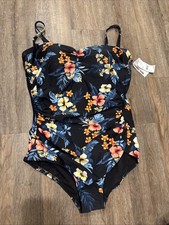 women's One Piece Swimsuit Black Tropical Floral - Lands End XS 2-4