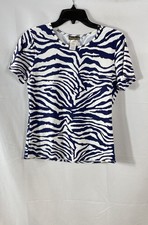 Tommy Bahama Women's Top Blouse Blue White Zebra Animal Print Short Sleeve Sz L