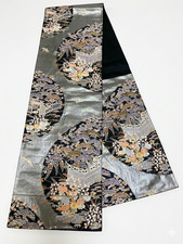 Japanese kimono fukuro-obi/black and silver base, garden and birds OB8