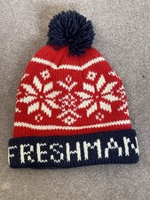 Cappello uomo American Freshman lavorato a maglia Bobble Fair Isle fiocco di neve rosso navy nuovo look