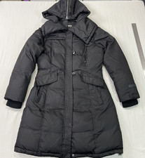 DKNY Down Jacket Womens Medium Black Removable Hood Long Coat Quilted Winter