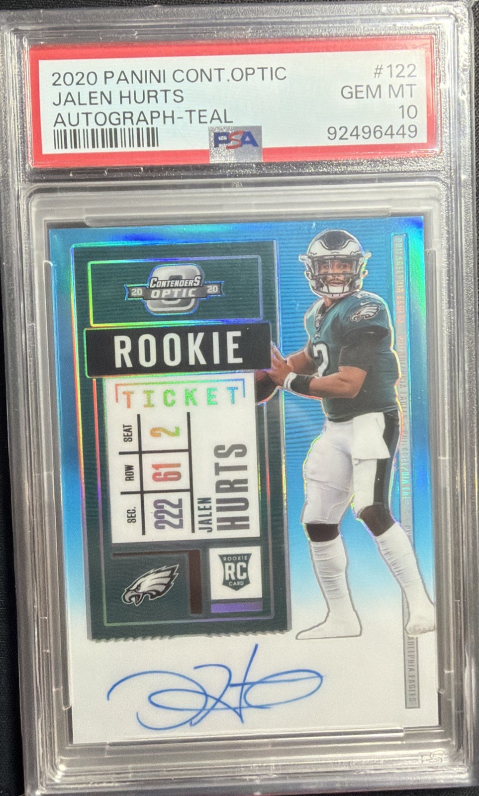2020 Contenders Optic Jalen Hurts Rookie Ticket Auto Teal #122 /99 PSA 10 RC