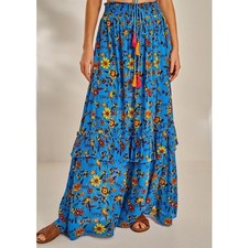 Out From Under Urban Outfitters Blue Floral Maxi Skirt Smocked Tassel Boho Small