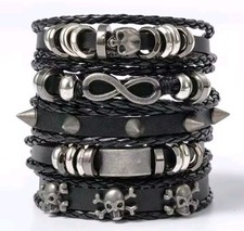 5pcs Metal Diy Braided Punk Style Bracelet Set Leather and Beads