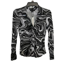 Sanctuary Womens Top Button Down Top Swirl Marble Print Ruched Size XS Retro Y2K