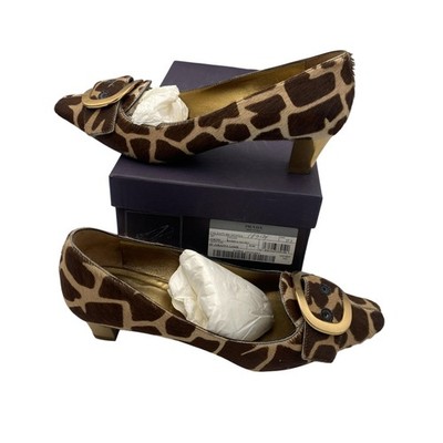 Prada Shoes Womens Size 37.5 Brown Giraffe Fur Block Heel Pumps St Giraffa