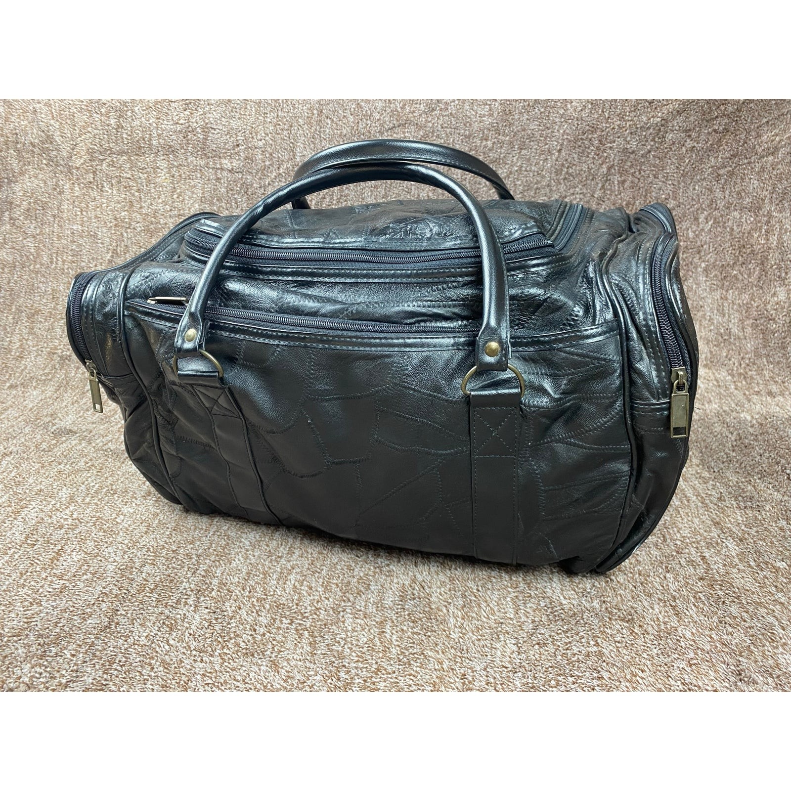 Vintage Black Woven Leather Duffel Bag Weekender Carry On Travel Gym Bag 17"