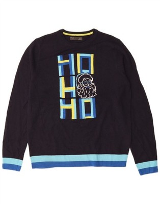 MARKS & SPENCER Herren Grafik Rundhals Pullover Sweater Large Navy Blau NX14