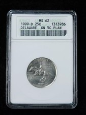 1999-D 25c Delaware State Quarter - ANACS MS62 Struck on 5c Nickel Planchet