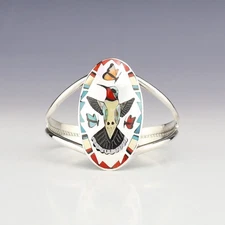 NATIVE AMERICAN ZUNI STERLING SILVER & INLAY HUMMINGBIRD BRACELET  QUINTIN QUAM