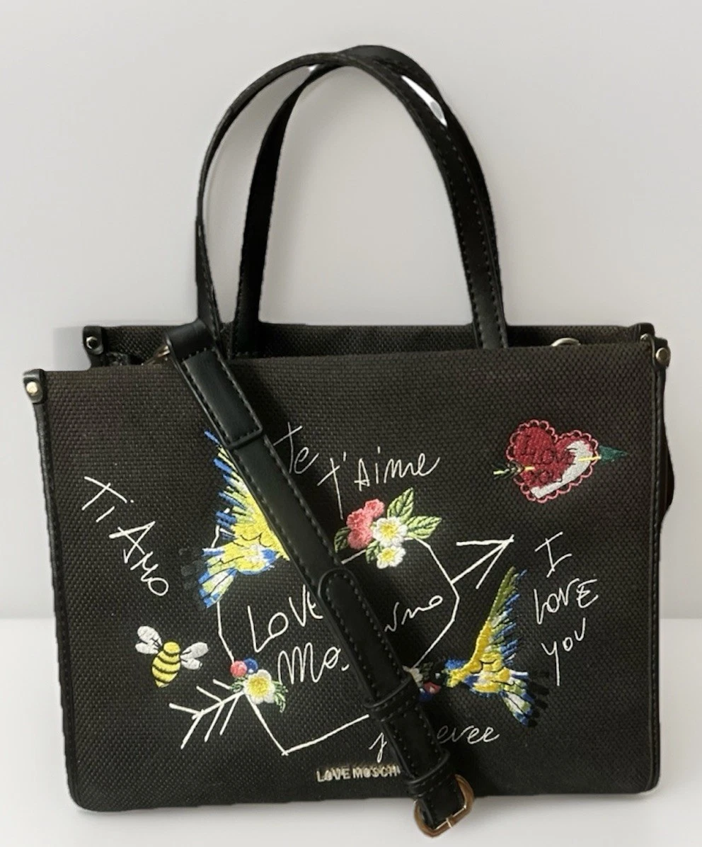Nwt Love Moschino Black Backpack with Multicolor Embroidered Birds & Flowers Moschino Embroidered Tote Bags & Handbags for Women for sale  main image 4