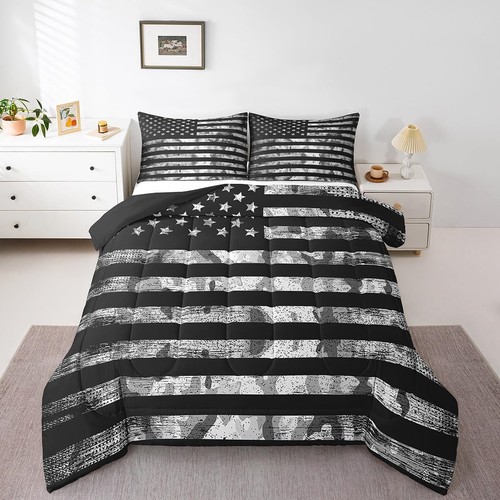 Camo American Flag Comforter Set Queen SizeVintage Grey Black Army Camouflage Be