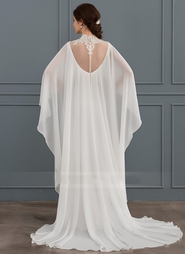 Chiffon Wedding Dresses with Cape Elegant White High Neck Satin Bridal Gowns - Picture 2 of 7