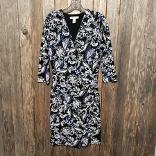 WHBM Dress S Black Blue White Floral 3/4 Sleeve Stretch Surplice V Neck Ruched