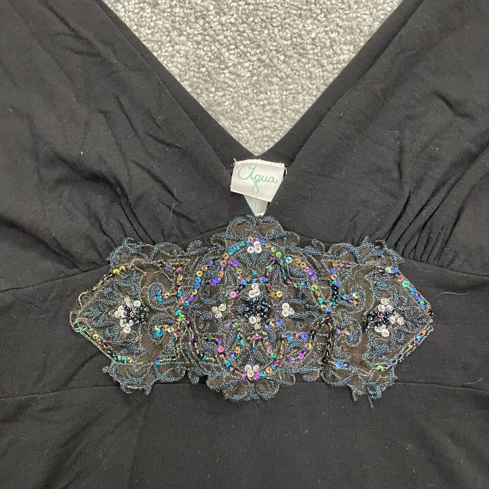 Camiseta sin mangas Aqua By Bloomingdale's Peplum para mujer mediana negra con cuentas cuello en V clásica Foto 4 de 4