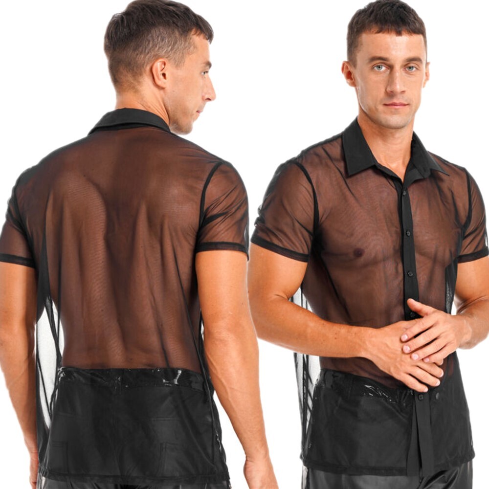 US Men's Mesh Shirt Sheer See Through Short Sleeve Party T