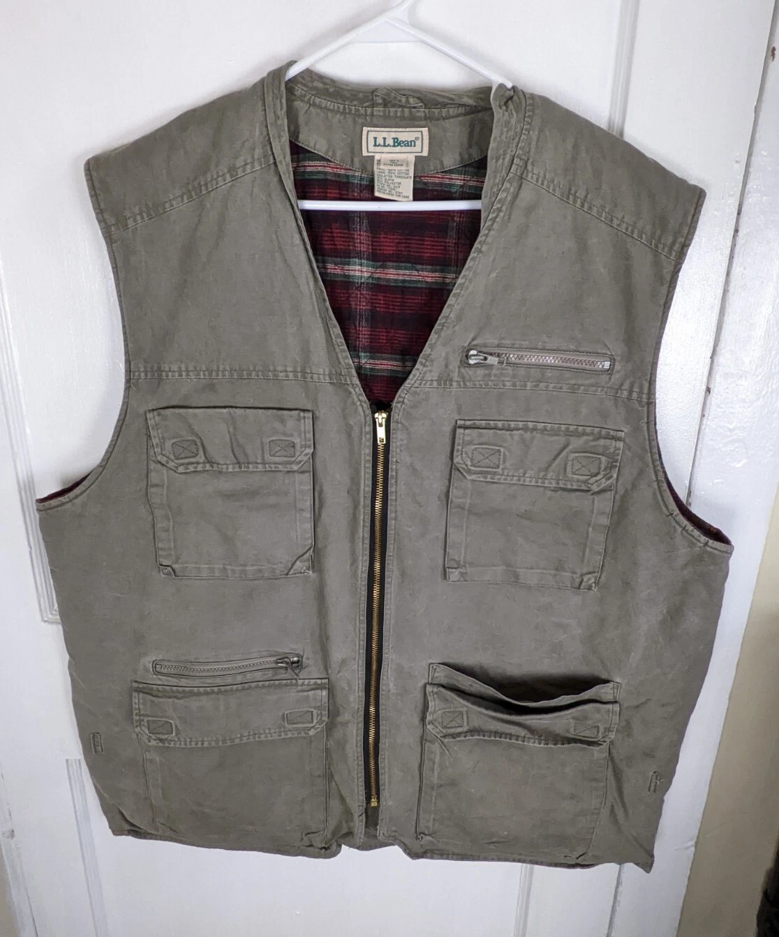 Vtg 90s LL Bean Canvas Safari Vest Fishing Quilted Plaid Liner Men XLT (Defects)