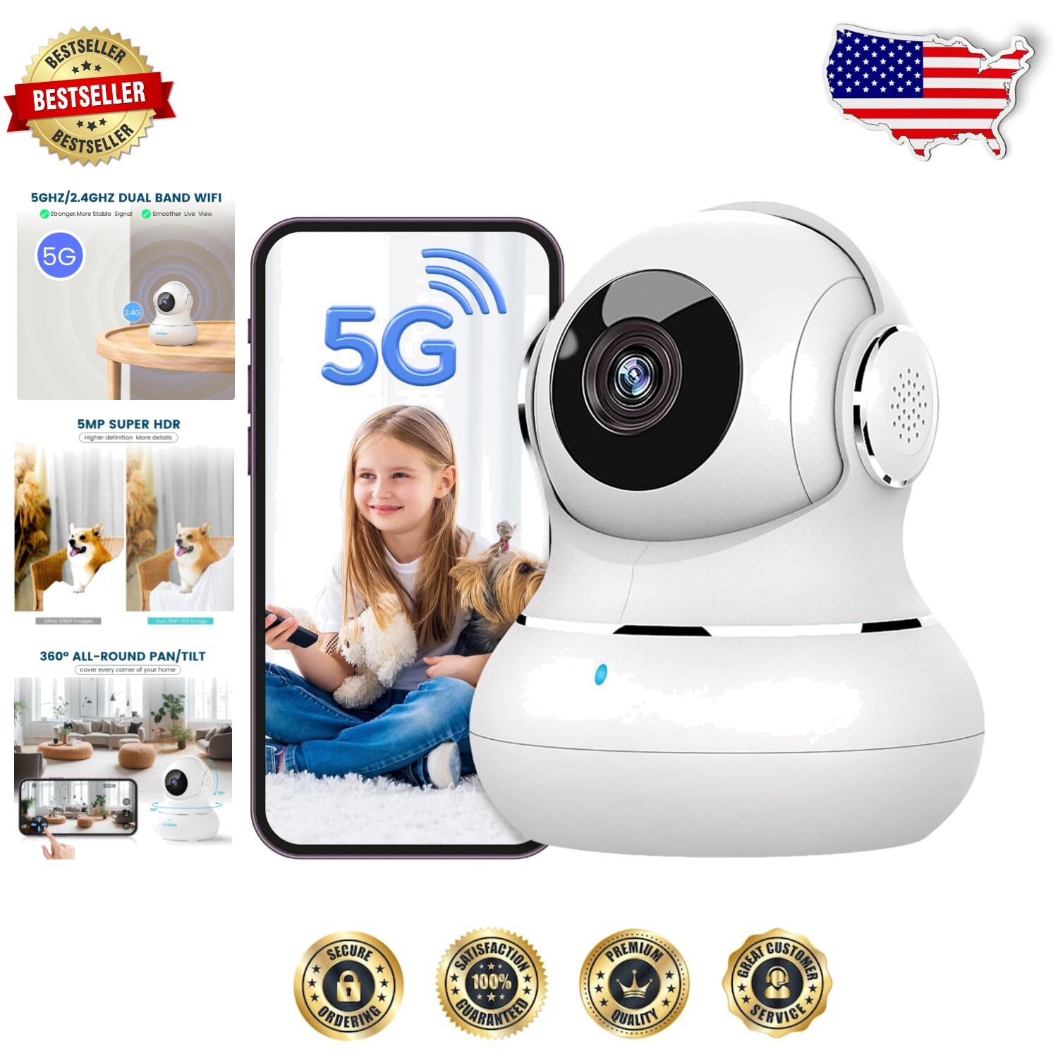 5MP Smart Indoor Camera with App Control Night Vision Privacy Mode  